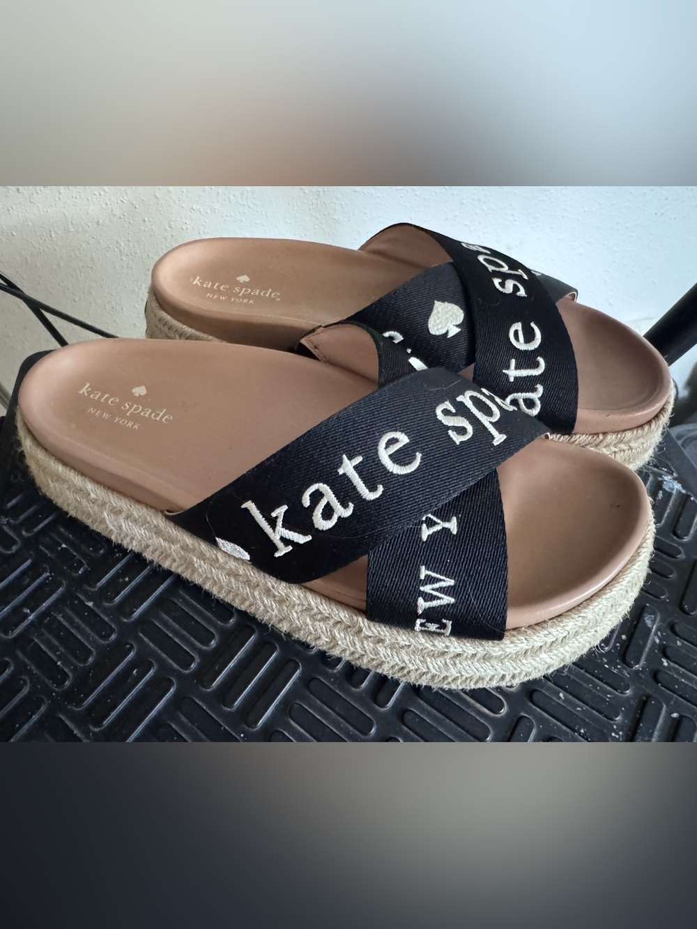 kate spade Black Logo Crisscross Espadrille Flatform Slides (Size 8)